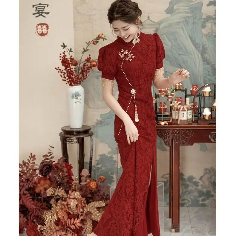 Yourqipao Cina ditingkatkan Cheongsam pernikahan gaun roti merah anggur wanita pertunangan gaun malam Fishtail Hanfu rok Gaun