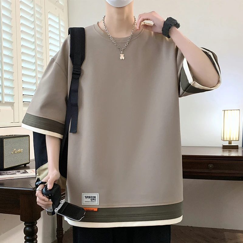 

Fashion O-Neck Spliced Fake Two Pieces T-Shirts Men's Clothing 2024 Summer New Loose Korean Tops Casual Short Sleeve Tee Shirt