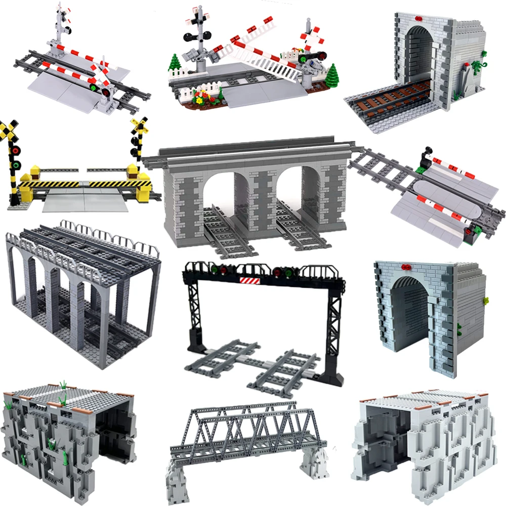 

Train Station Bridge Brick Signs Signal Lights Model City Train Tracks Trein Track Rails Straight Curved Railway Building Blocks