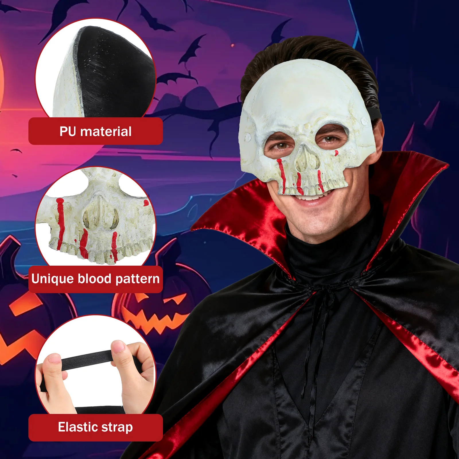 قناع جمجمة دموي نصف وجه رعب نمط الهالوين زي الديكور قناع مخيف تأثيري مهرجان الهيب هوب الرقص #6
