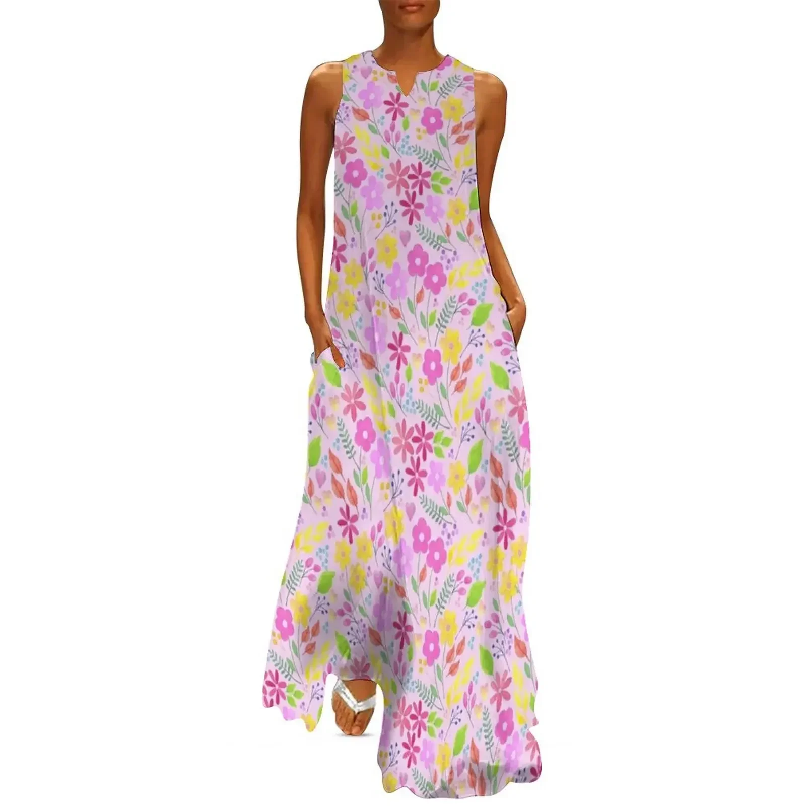 

Bright and Happy hand painted water colour florals Long Dress Dress woman women dress Women long