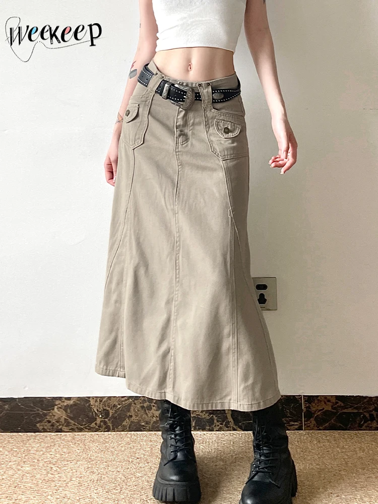 Weekeep Vintage y2k Khaki Denim Long Skirt Streetwear 90s Loose Low Rise Rivet Patchwork Pocket A-line Skirts Fashion All-match