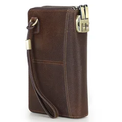 Quality Genuine Leather Double Zipper Clutch Wallet for Men Rfid Blocking Card Holder Luxury Designer Business Handbag Phone Bag