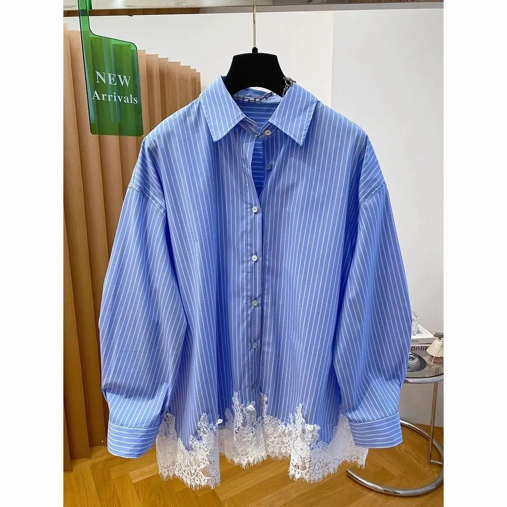 قميص مخطط أزرق بأكمام طويلة مُزين بالدانتيل بلوزات نسائية أنيقة قمصان وبلوزات صيفية