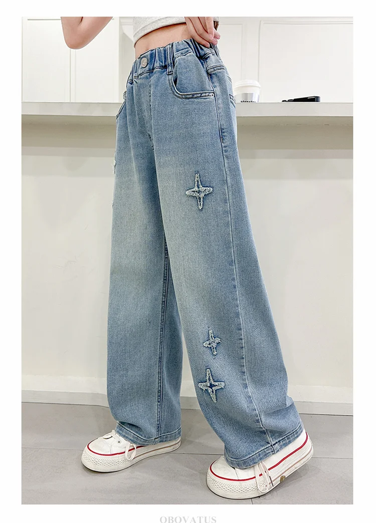Neue Modische Kinderjeans mit Sternenmuster für Mädchen, Stylische Gerade Denim-Hosen, Lässige Jeans für Kinder und Teenager – Detail 5