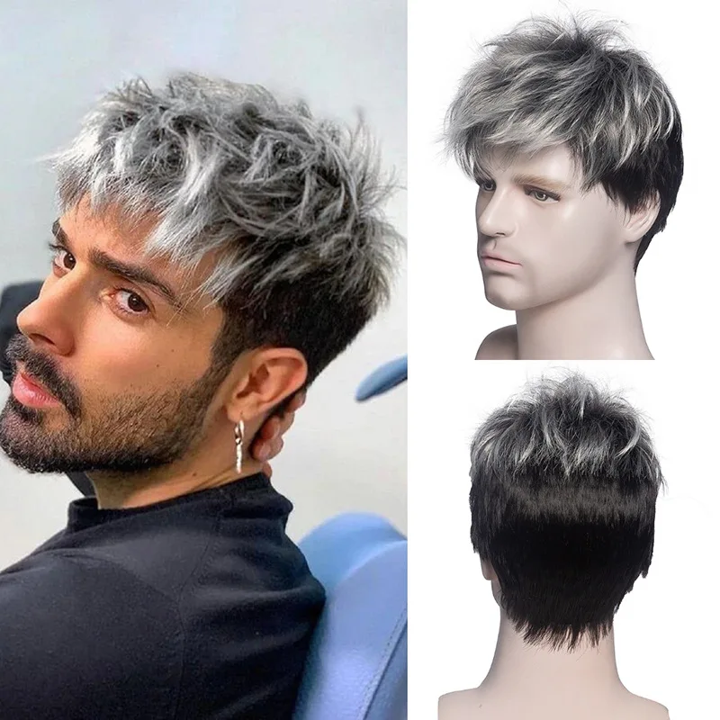 Peluca sintética rizada corta para hombres, cabello Natural realista diario, Ombre, gris y marrón