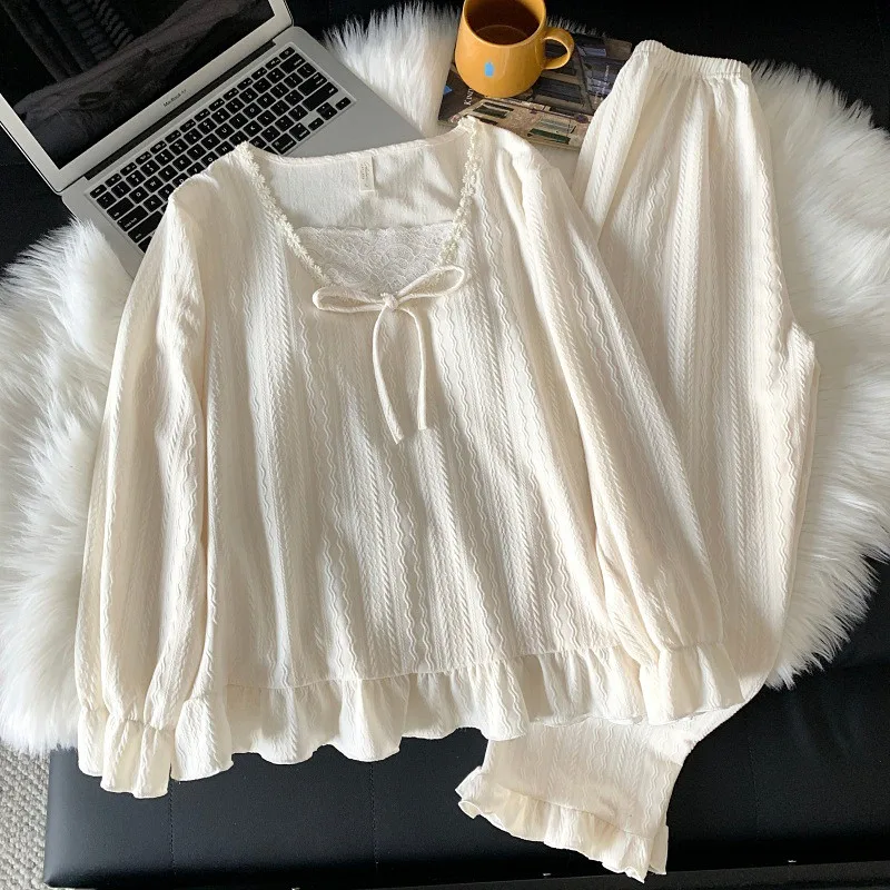 

Women Pajama Sets New Korean Long Sleeve Sleepwear Cotton Chest Pad Top Trousers Suit Casual Night Wear Pyjama Femme Home Wear