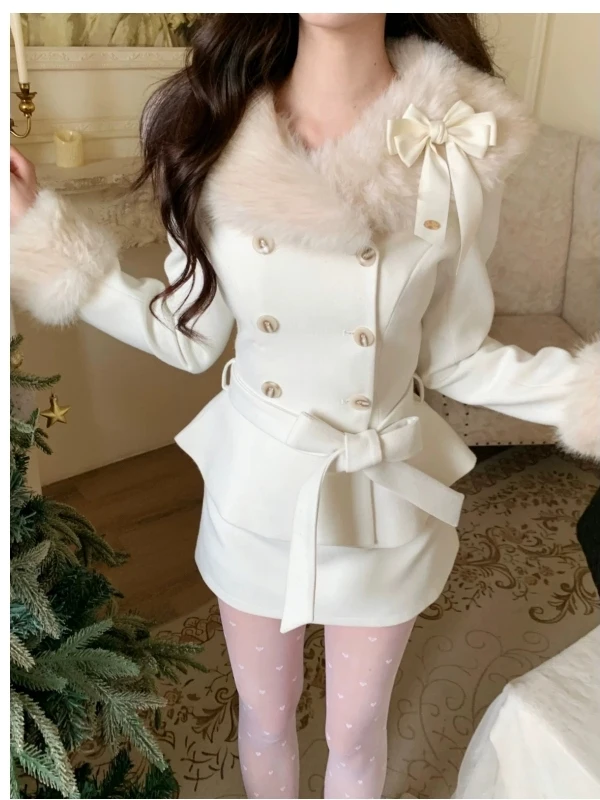 

Elegant Woolen Coat And Short Skirt Set with Fur Collar for Rich Young Women Knot Design High Waist French Style