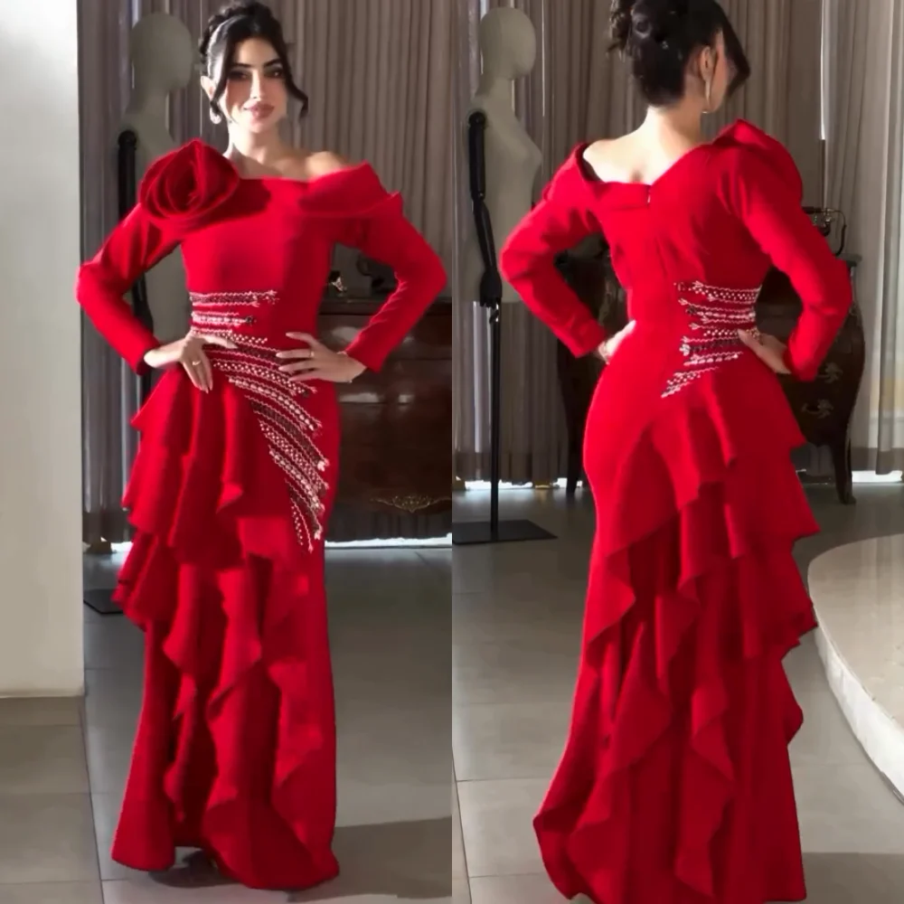 

Customized Jersey Handmade Flower Ruffle Sparkle Off-the-shoulder Long Dresses Bespoke Occasion Women's Evening Elegant Party