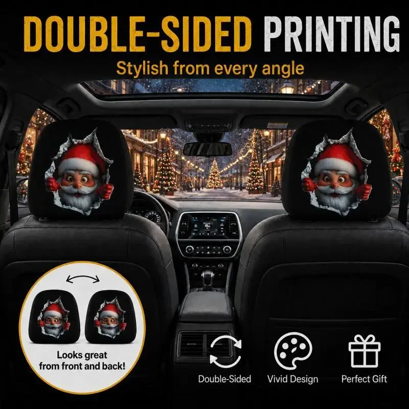 Christmas Santa Car Headrest Covers, Funny Double-Sided Printed Car Seat Headrest Covers, Universal Auto Interior Decor