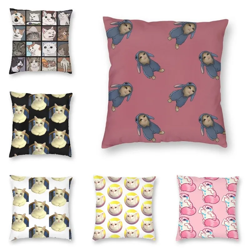 

Funny Cute Crying Cat Meme Reaction Cushion Cover Sofa Home Decorative Animal Square Throw Pillow Case 40x40