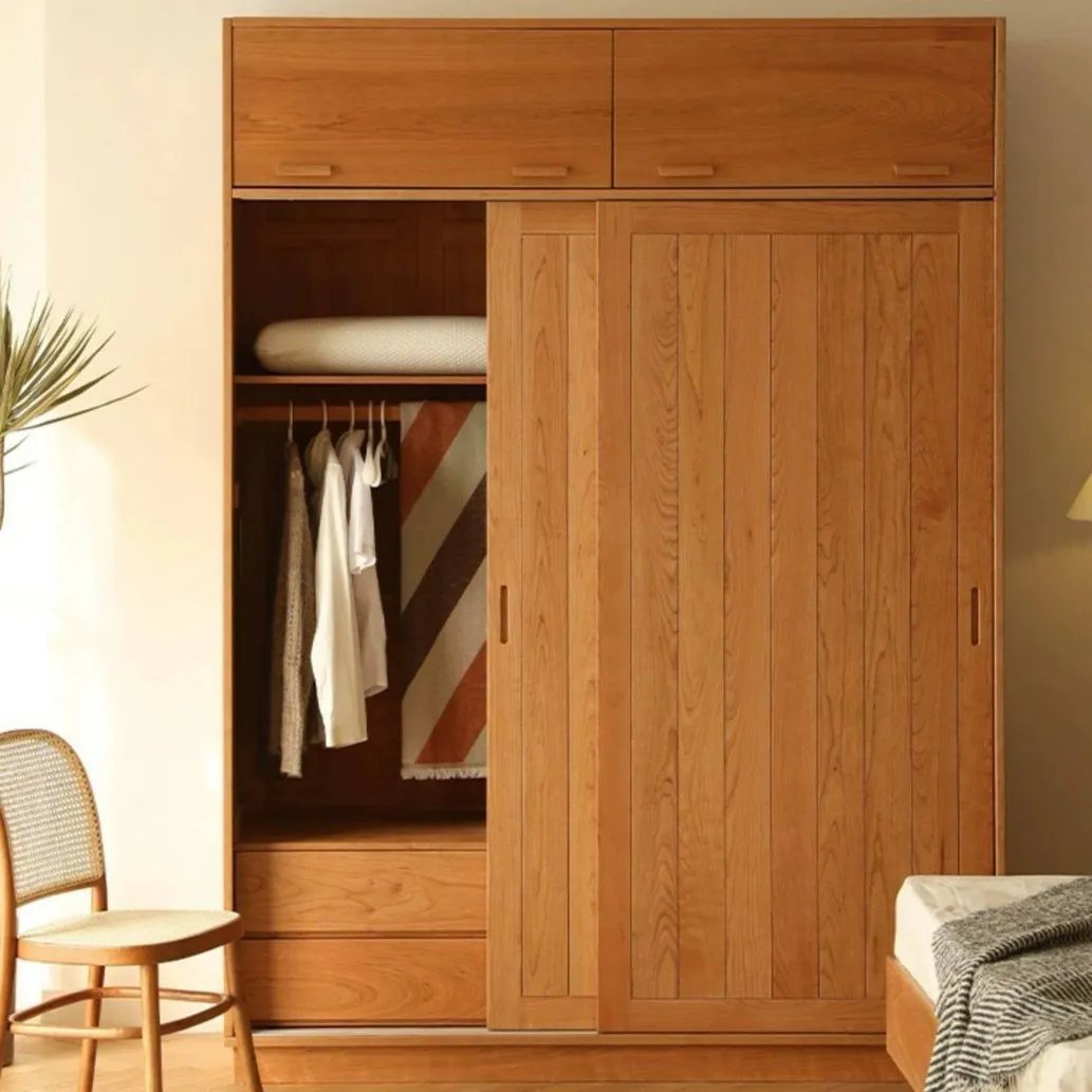 All solid wood cherry wood wardrobe ash wood sliding door wardrobe home bedroom log sliding door wardrobe