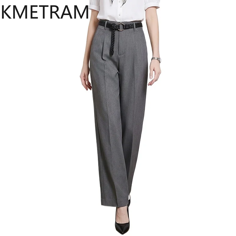 KMETRAM Elegant Suit Pants for Woman High Waist Wide Leg Pants with Belt Summer Casual Trousers Premium Women Clothes 2026 штаны