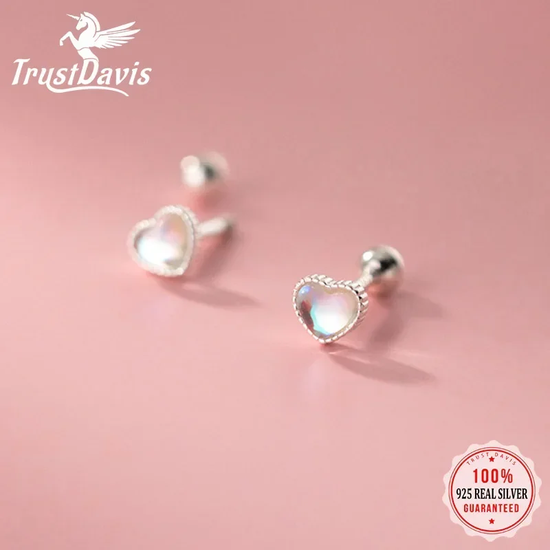 TrustDavis Real 925 Sterling Silver Heart Synthesis Coloured Glaze Screw Stud Earrings for Women Wedding Fine 925 Jewelry DB514