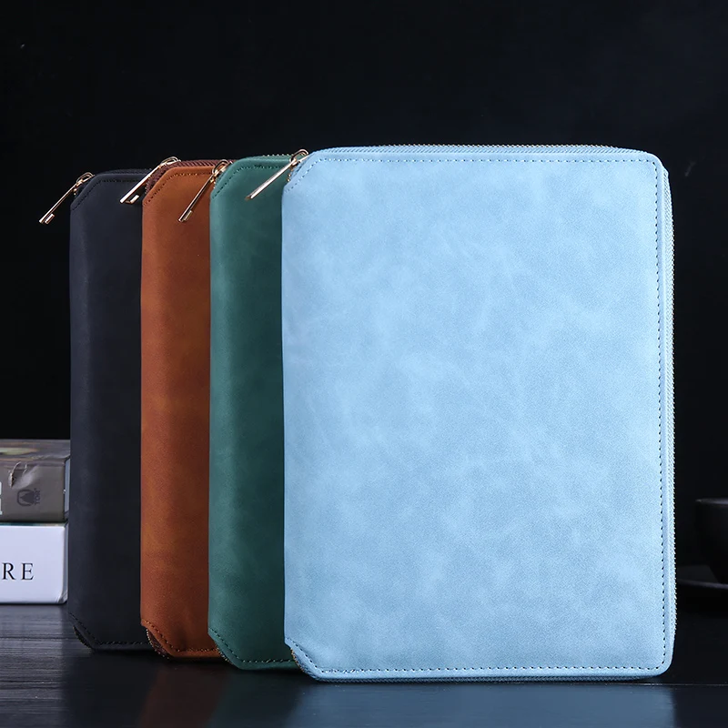 A5 Leather Zipper Closure Notebook Carrying Bag - Portable, Multiple Colors, Office School Daily Storage Organizer