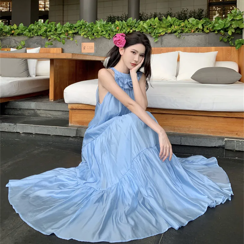 

Summer 2024 Women Long Lolita Sundress Elegant French Fairy Blue Dress New Honeymoon Vacation Party Night Sweet Graceful Dresses