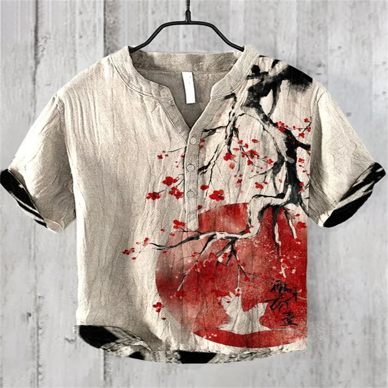 Mode Shirt Kunst Illustratie 3d Bedrukking Henry Shirt Heren Retro Bedrukte Korte Mouwen T-Shirt Buitenlandse Handel Mode Top