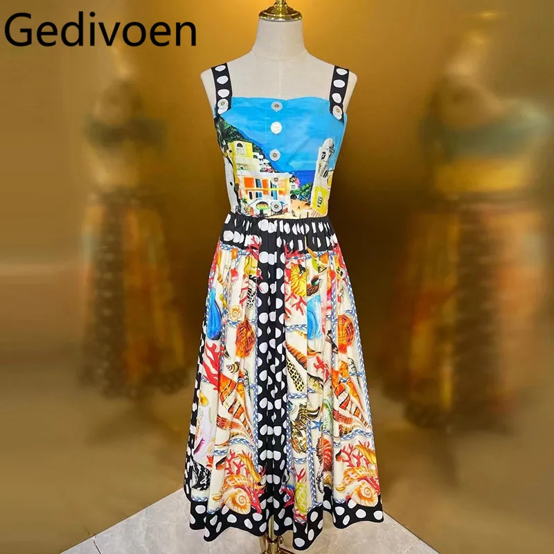 

Gedivoen Summer Women's Beach Vacation Dress Cotton Square-Neck Spaghetti Strap Backless Print Button Pleated Dresses