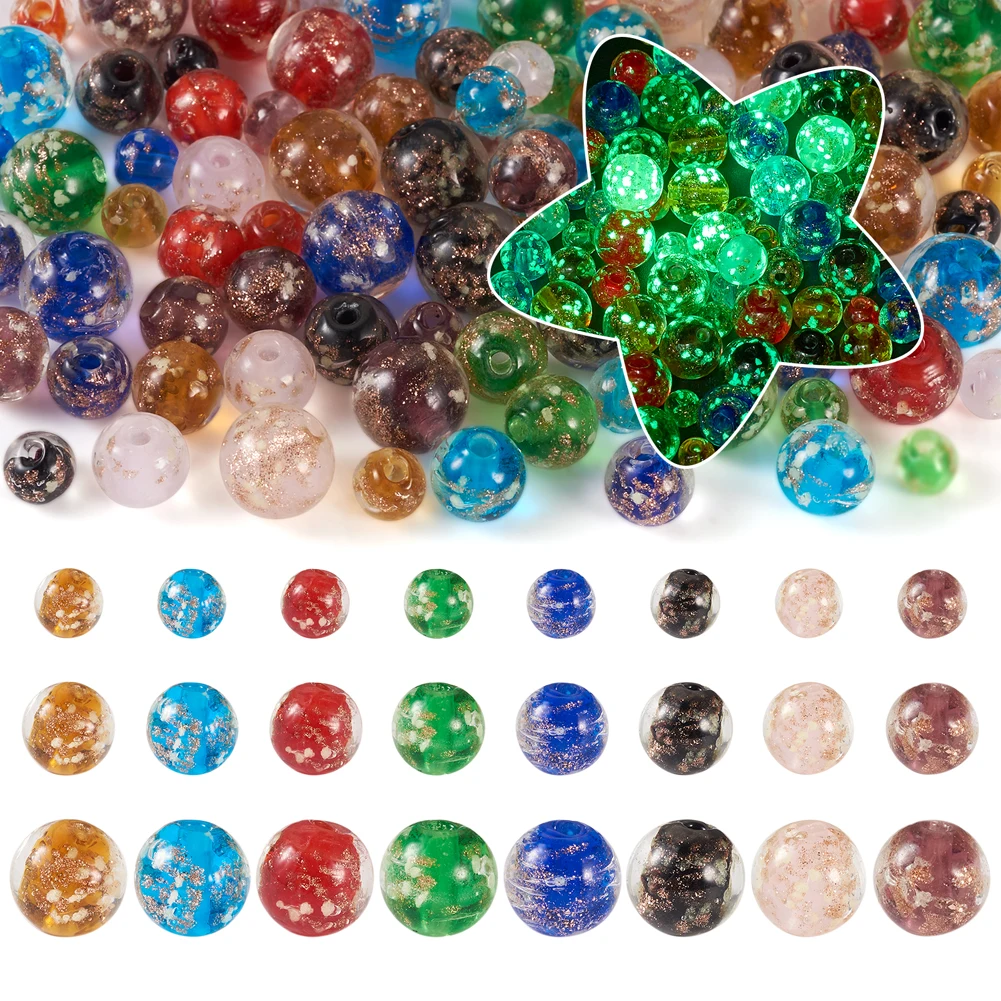 96Pcs Luminous Handmade Lampwork Beads Round Gold Sand Glass Spacer Bead for Bracelet Necklace DIY Jewelry Making Crafts