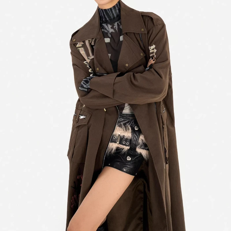 Original Retro Dedign Punk Style Long Brown Women's Trench Coat 2026 Spring New Suit Collar Loose Sweet Cool Feel Jackets Ladies