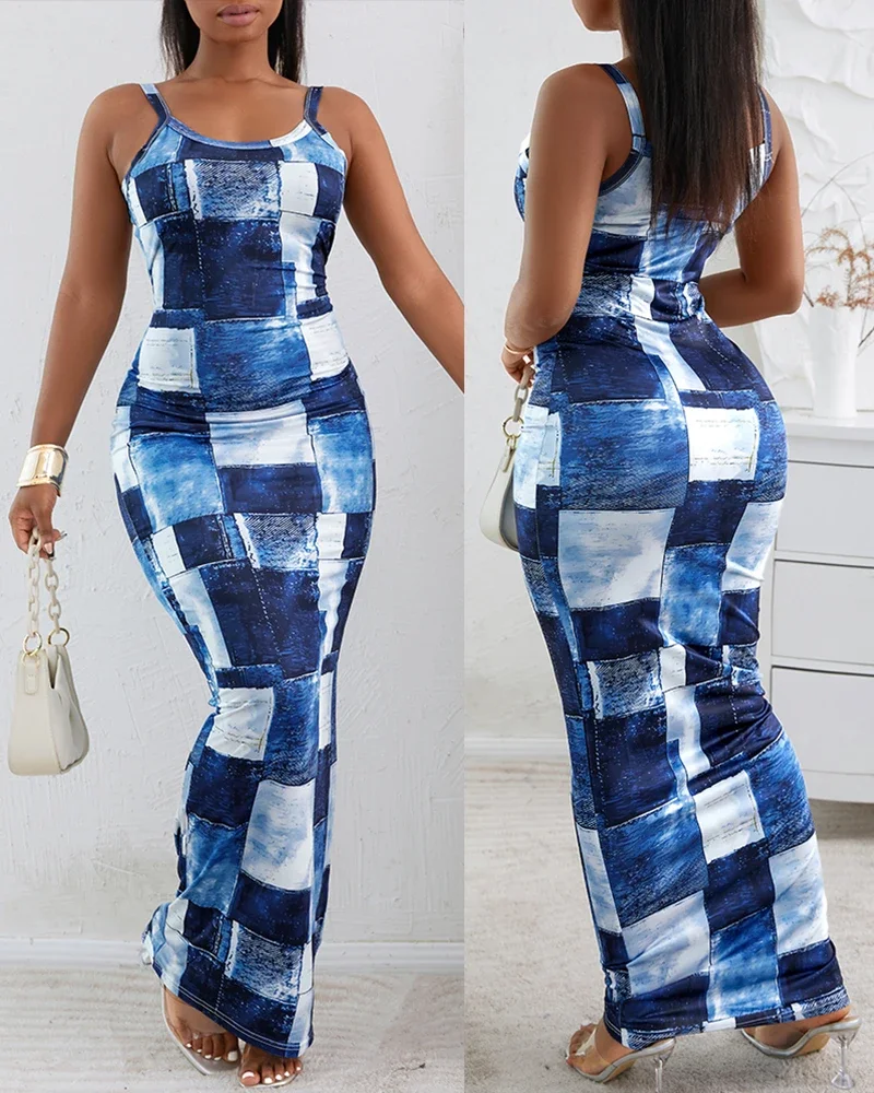 Women 2024 New Dress Denim Look Print U-Neck Maxi Dress