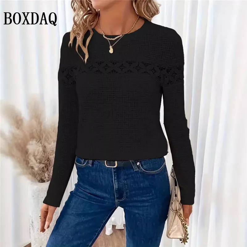 New 2024 Women Blouses Autumn Winter Long Sleeve Lace Hollow Out Patchwork Shirts Casual Fashion Elegant Office Ladies Work Tops