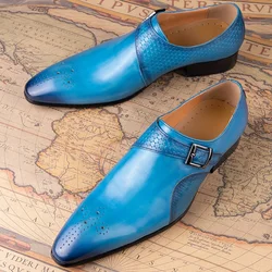 Fashion Blue Black Men Loafer Shoes Elegant Dress Formal Suit Breathable Leather Shoe No Slip Handmade Monk Nice Adult Footwear