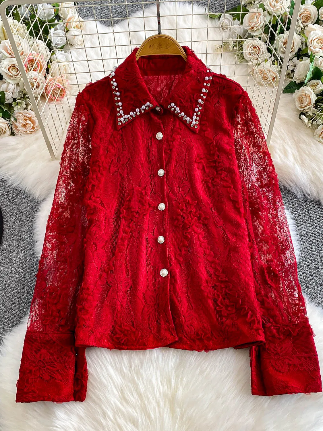 

Ele Heavy Embellied Diamond Lace Collared irt Women's Rare Beautiful Fairylike Gentle Pink Lace Top Court Sle