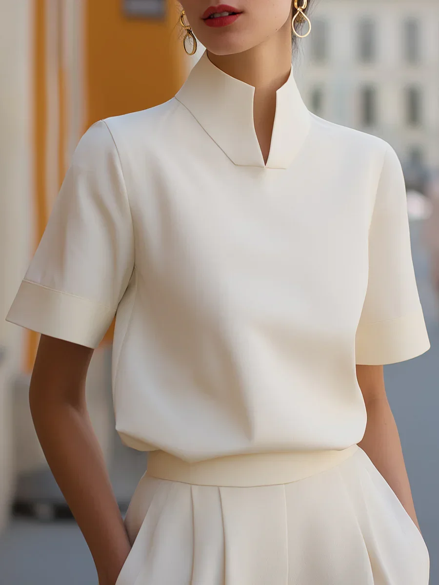 

Split Neck Short Sleeve Blouse Women Elegant Stand Collar Half Sleeve Top Office Lady 2026 New Summer Solid Color Women Shirts