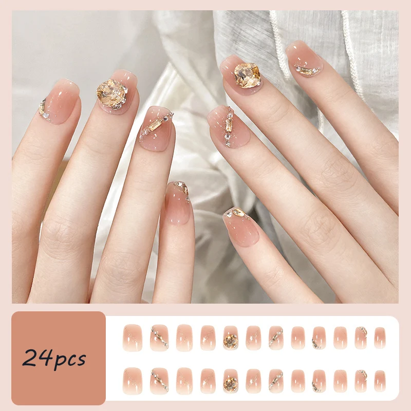 

24Pcs Sparking Rhinestone Fake Nails Light Luxury Short Ballet Press on False Nails Wearable Jelly Stick-ons Fake Nail Manicure