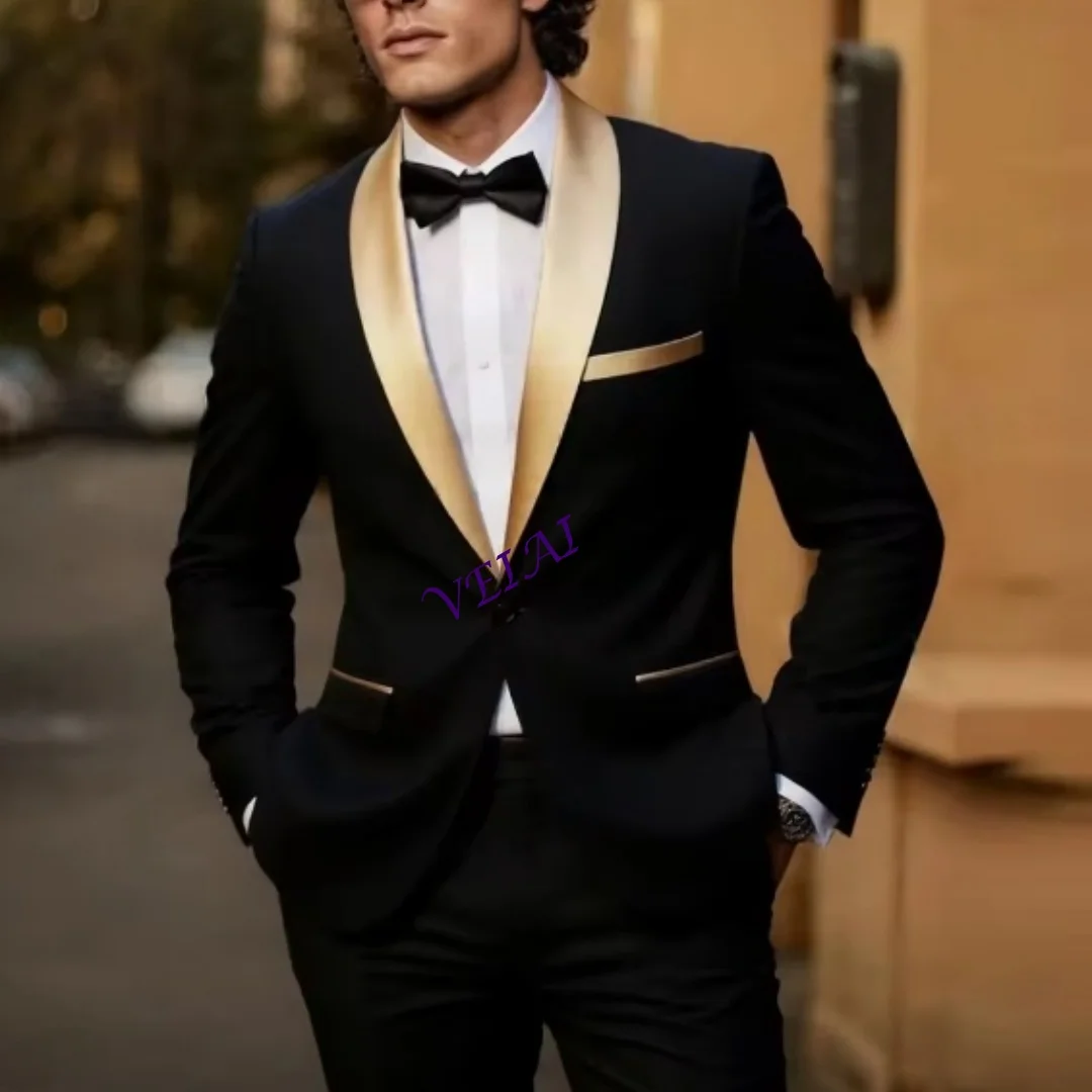 CustomizedNew Gold Lapel Black Business Men Suit Wedding Party Prom Groom Groomsman Formal Occasions Tuxedos 2 Piece Set Blazer