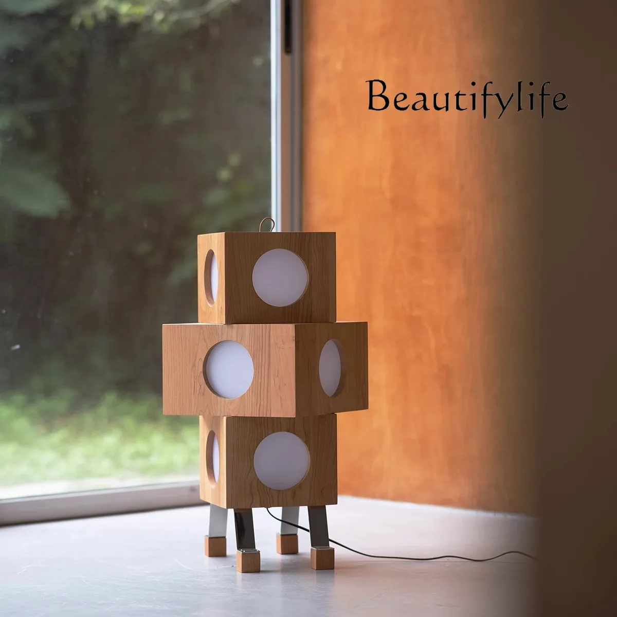 

Original design, Rubik's cube floor lamp, Nordic medieval atmosphere cherry wood stainless steel