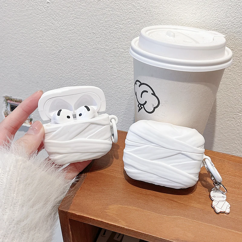

3D Creative Bandaged Mummy Earphone Case for Airpods Pro 3 Airpods 4 3 2 Pro 2 Silicone Headphone Protective Cover with Pendant