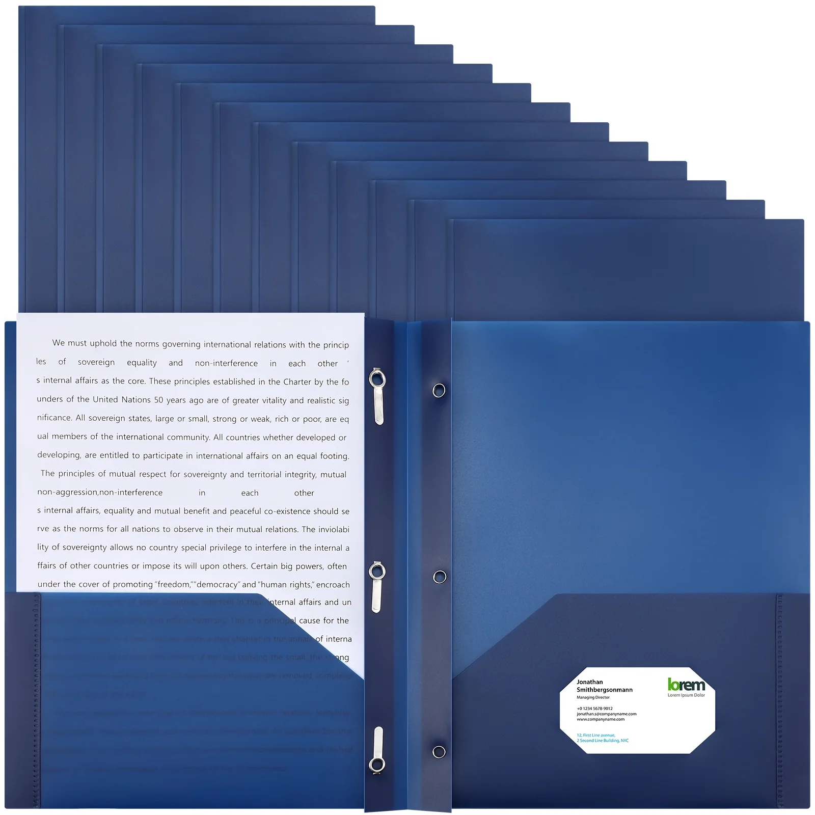 

12pcs Plastic Folders with Pockets 2 Heavy Duty Pocket Folders with 3 Prongs And Fasteners for Office (Dark Blue)