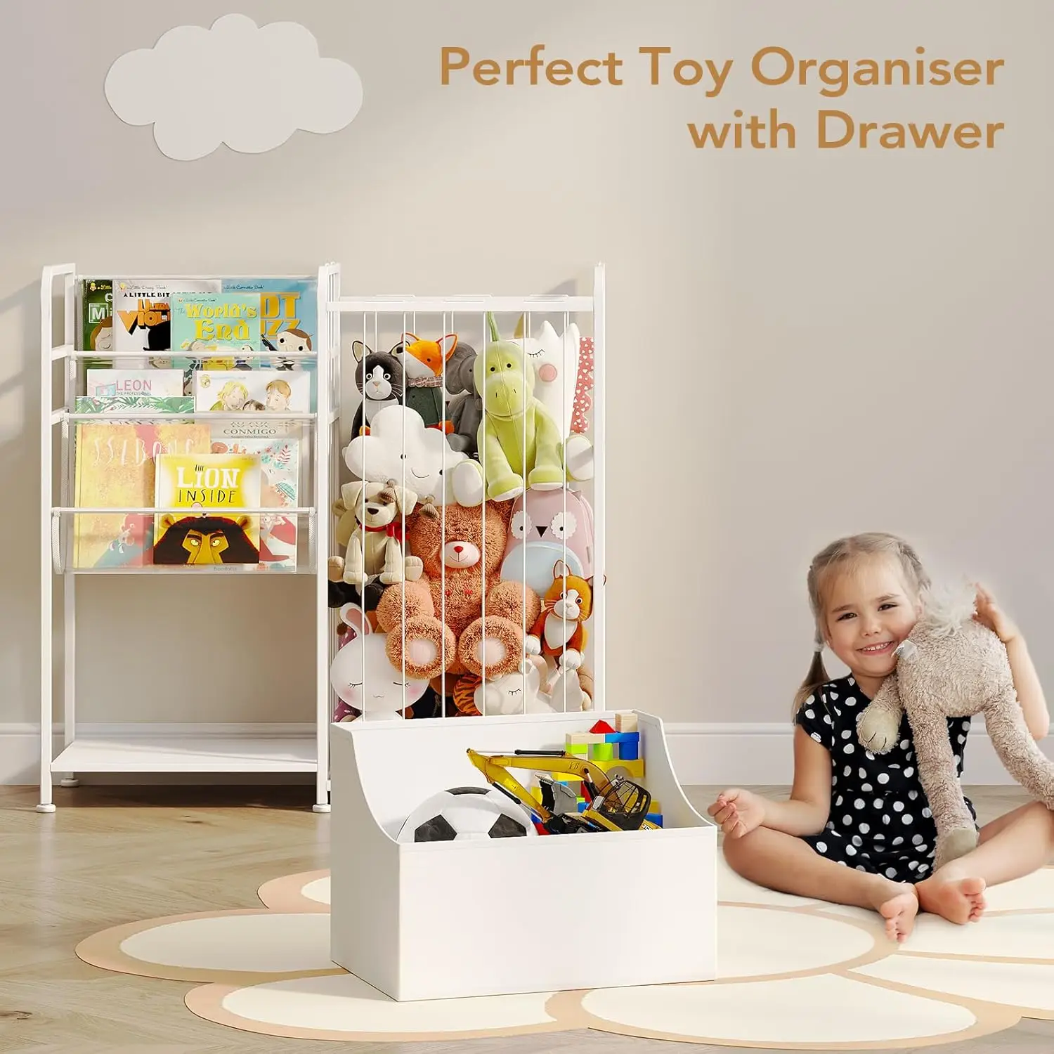 رف كتب متعدد الوظائف للأطفال ومنظم ألعاب مع صندوق تخزين، أبيض لغرفة اللعب والحضانة