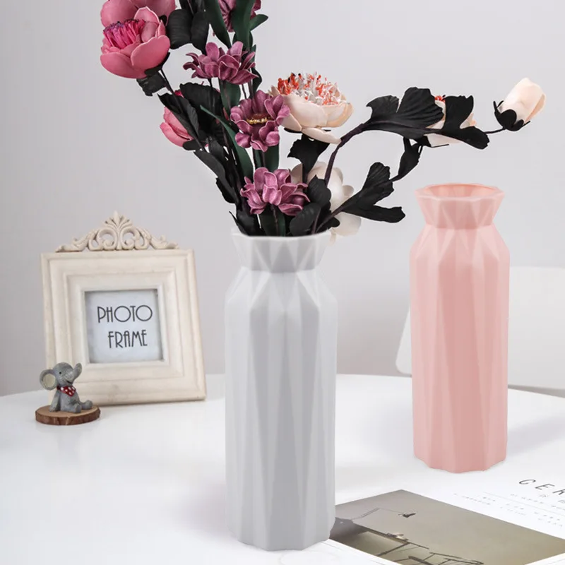 Florero nórdico de plástico, florero rosa, azul, blanco y gris, decoración para el hogar y la sala de estar, maceta de plástico de cerámica de imitación, 1 ud.