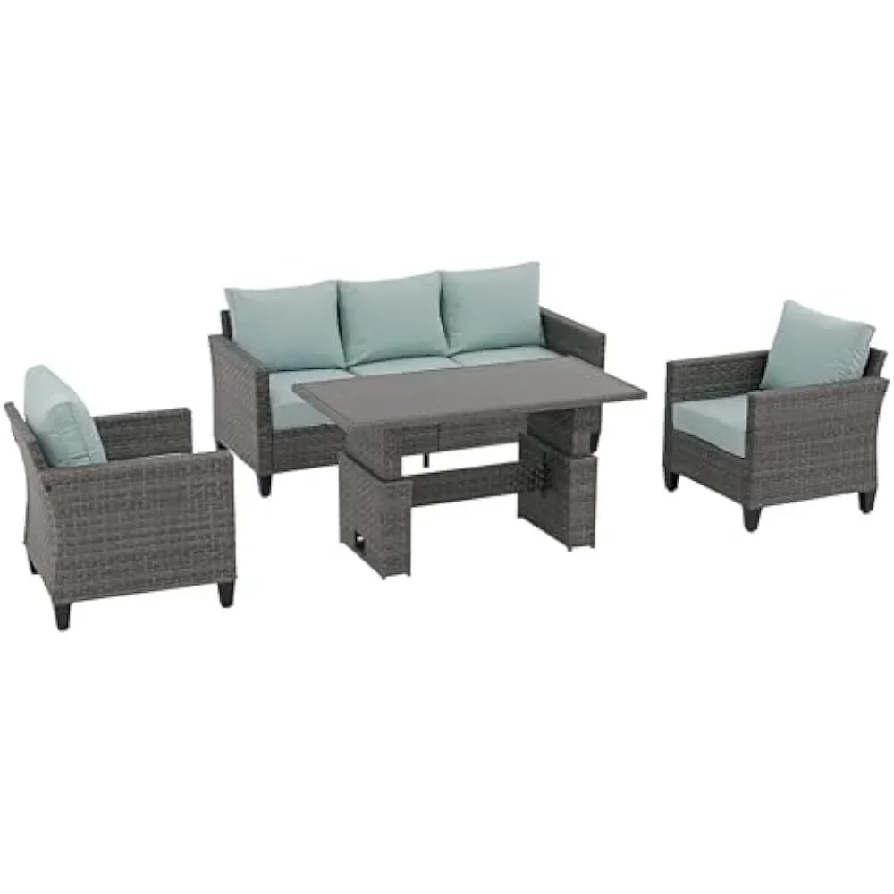 Outdoor Patio Furniture 4 Pie Set, Conversation Sets with Lift Coffee Table, Sectional Set 3 Seat Sofa Couch with Club Chair