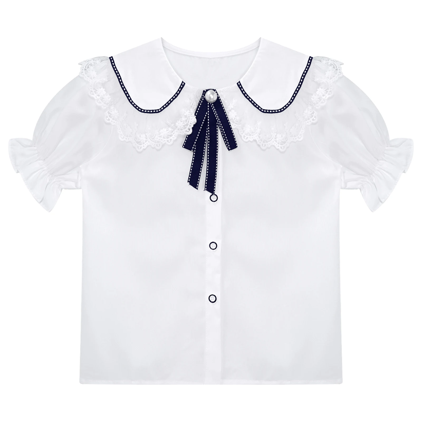 

Kids Girls Shirts Summer Cotton Cute Lace Trim Collar Solid Color Puff Sleeve Bowknot Blouse Tops Casual School Uniform Clothing