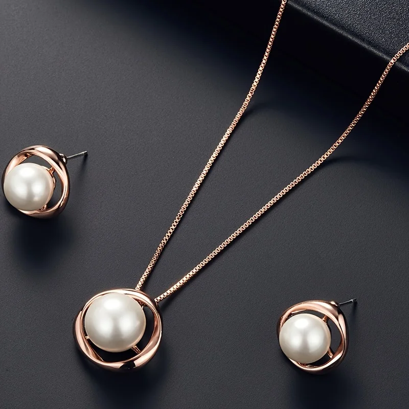 2-piece Set Hollow Round Jewelry Set for Women Pearl Pendant Necklace Stud Earrings Set Brides Valentine\'s Day Gift for Women