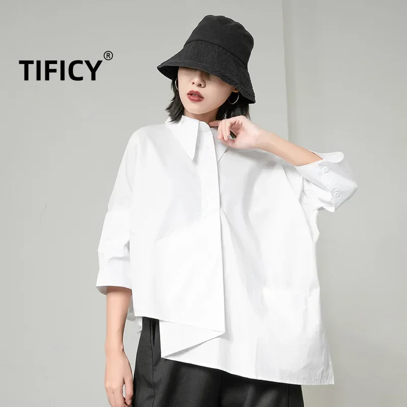 

Spring and Summer New Minimalist Hong Kong Style Women's Shirt Asymmetric Seven Quarter Sleeve Designer Shirt Irregular Top