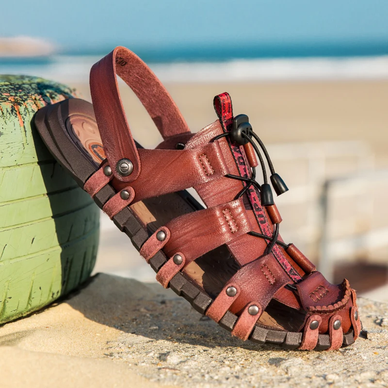 

Sandals men's tide summer new style leather toe cap outdoor leisure sports hollow sandals beach shoes