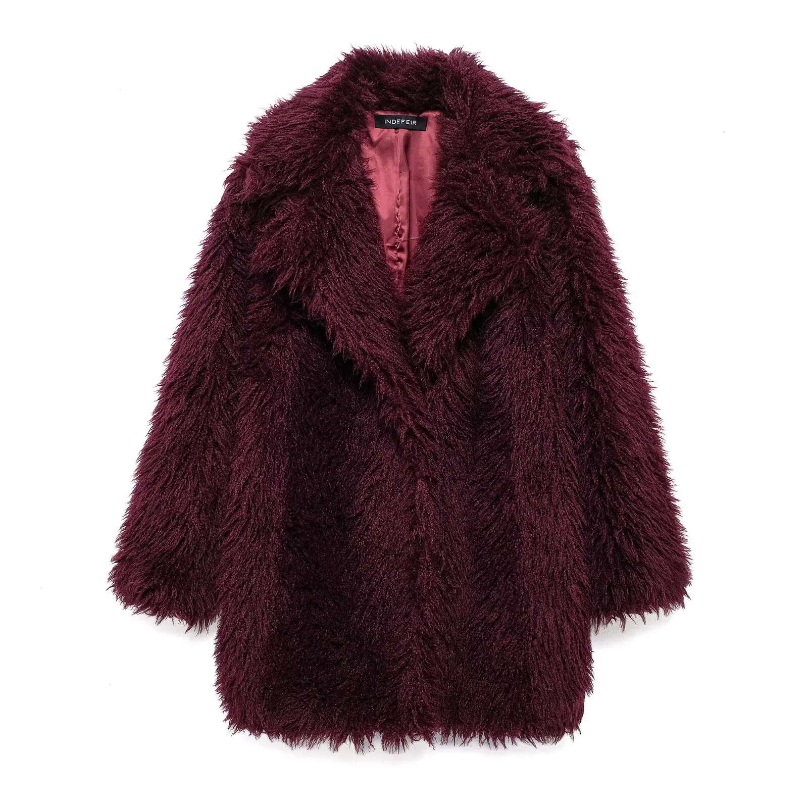 HH TRAF 2024 Women Faux Fur Jackets Loose Long Sleeves Turn Down Collar Warm Long Coat Woman Winter Wine Red Casual Outerwear