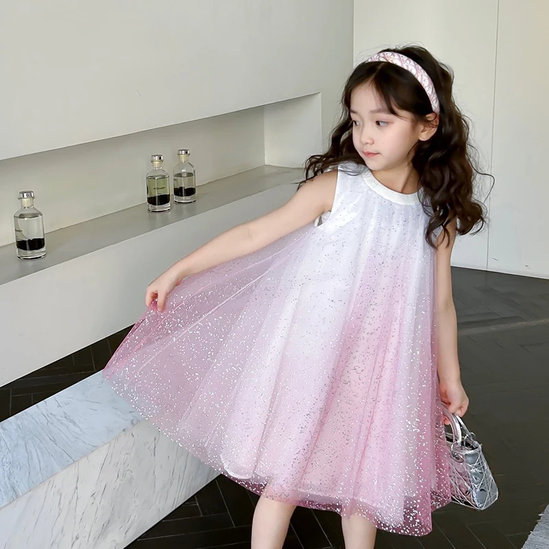 2023 summer new products children's clothes girls small flying sleeves gradual color change silver light princess dress jumpsuit