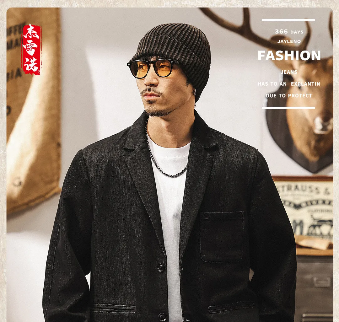 Men's American Retro Denim Blazer Jacket 2026 Autumn Trendy Streetwear Amekaji Loose-Fit Casual Suit Jacket Plus Size 3XL 4XL