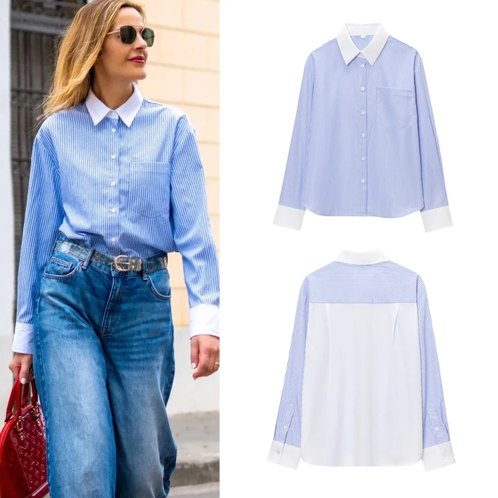 

Spring Women's Loose Striped Print Shirt Lapel Long Sleeve Single Breasted Contrast Pocket Simple Office Commuter Casual Blouse