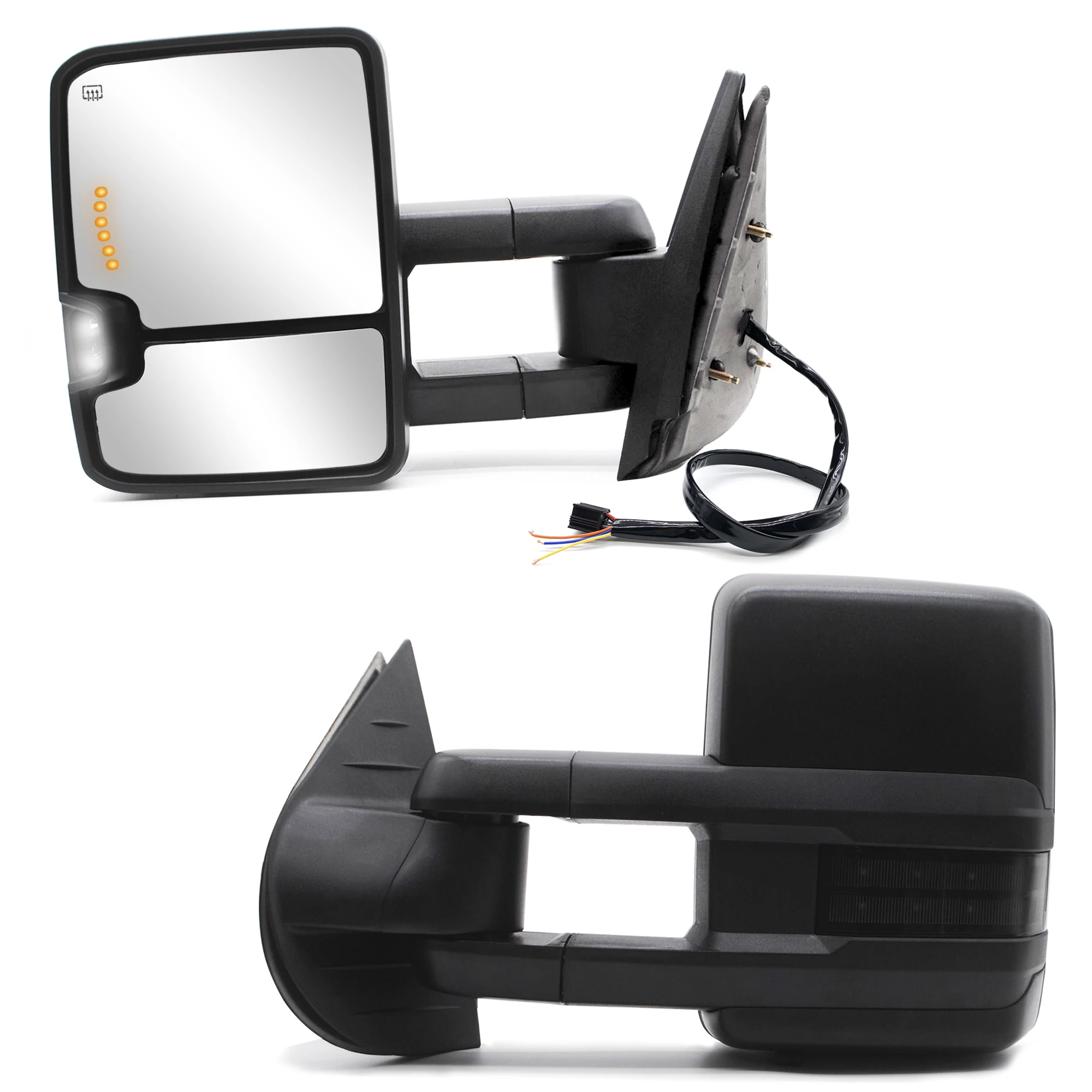 Towing Mirrors fit for 2007-2014 Chevy GMC Power Heated Smoked Turn Signal Arrow Light Auxiliary Light Manual Telescopic BC26-TM
