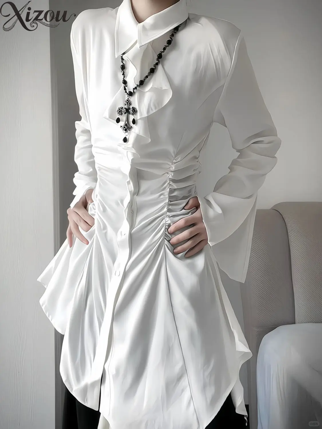 Women Irregular Ruched Waist Long Sleeve Shirt Black White Layer Skirt Pants Two Piece Dark Gothic Designer Outfit Set 2026 view 2