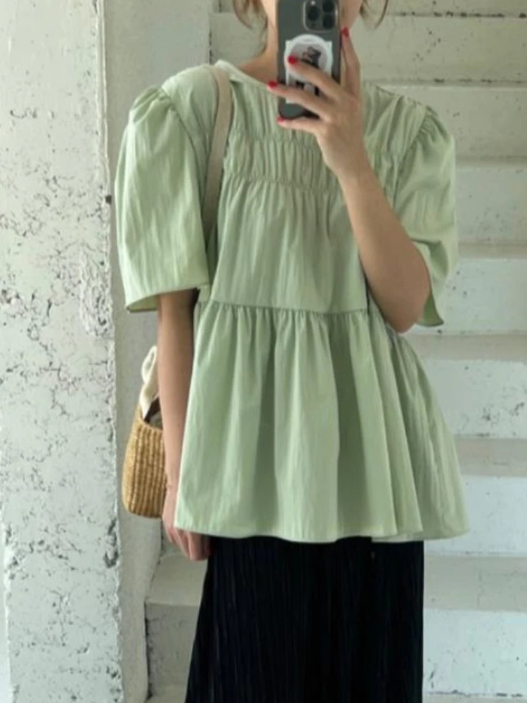 Coreano Sle Bubble Sve irt Donna Sciolto Pieghettato Bambola Estate 2024 Faionable Unico Top rotondo Ne ort Sve Colore Puro