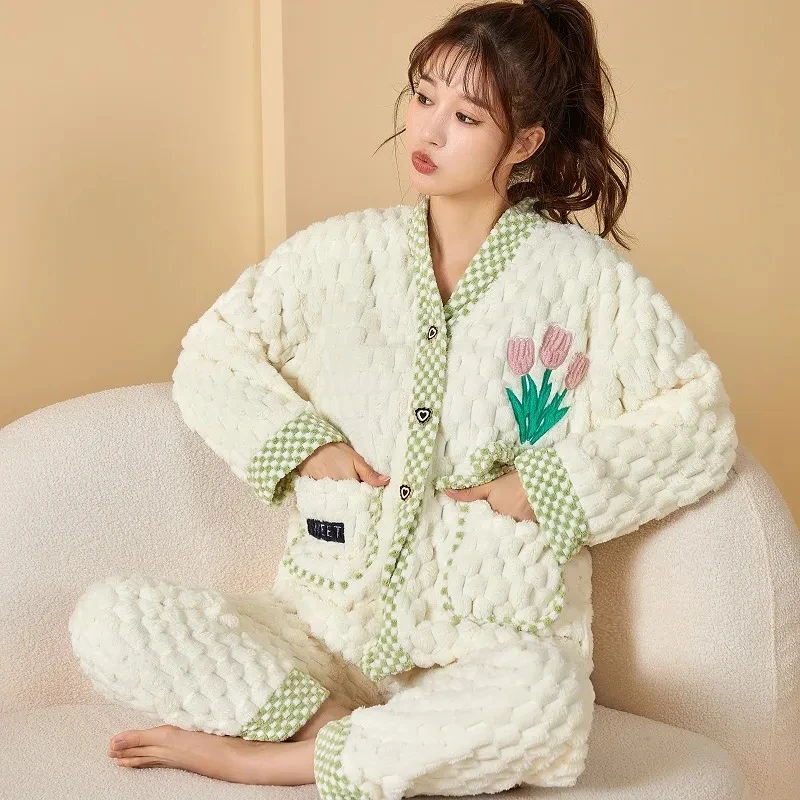 Autumn Winter Kawaii Cartoon Pajama Sets Women Pyjamas Flannel Loung Sleepwear Pajamas Girl Pijama Mujer NightSuits Homewear