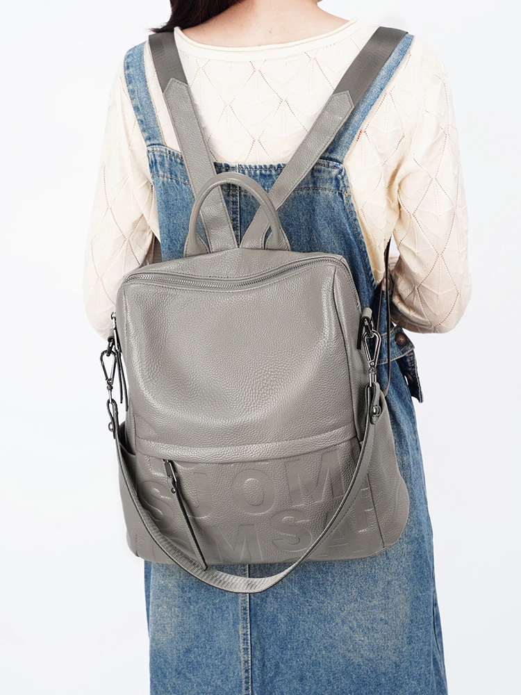 Zency Premium Genuine Leather Letter Backpack Multi-pocket Day Pack Travel Convertible Shoulder Bag for Fall Winter Black Grey